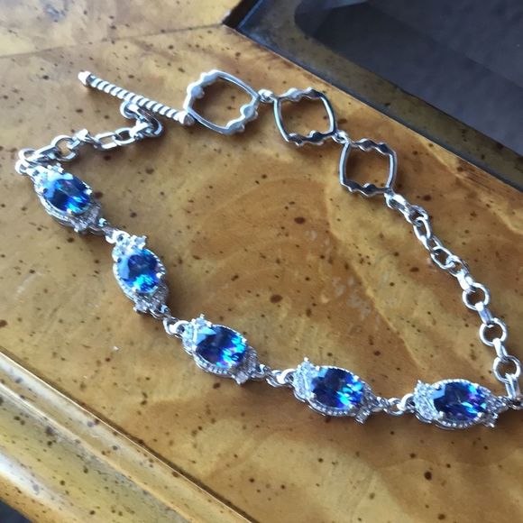 Blue Brazilian Petalite White Zircon Sterling Silver Toggle Bracelet - Picture 4 of 8
